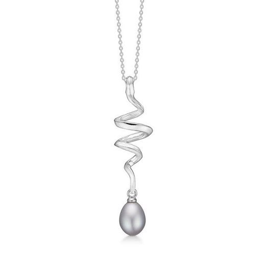 Swirl halskæde fra Mads Z Silver Label i 925 sølv med grå perle og snoet vedhæng, 40–45 cm.